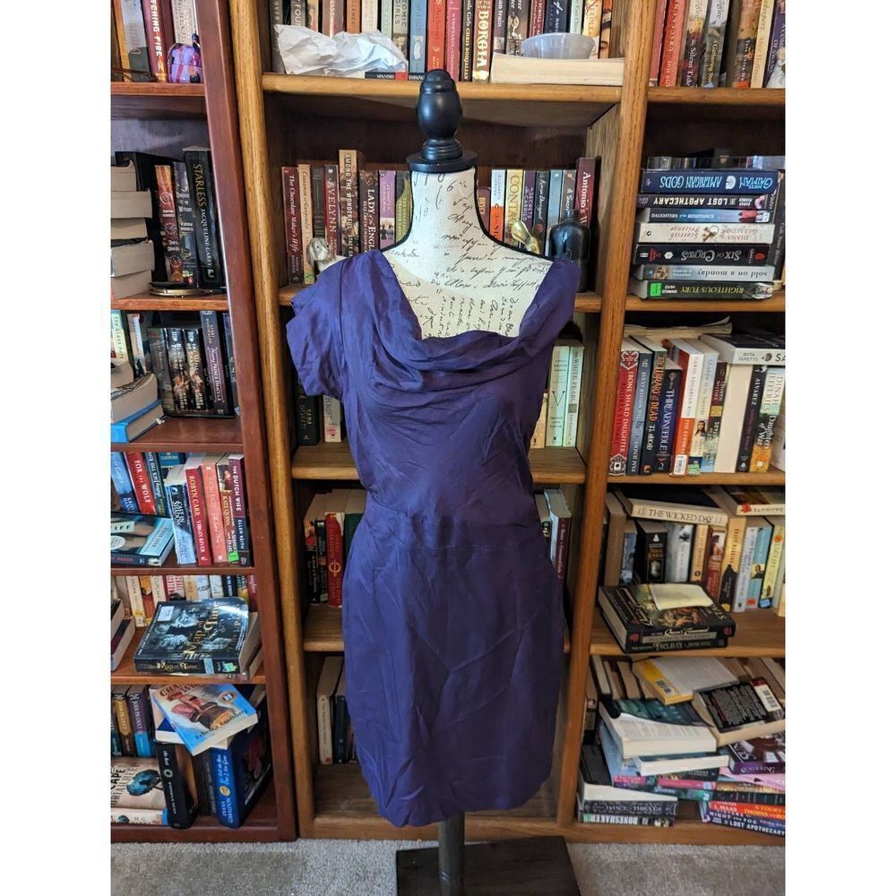 l'ogan purple silk cowl neck asymmetrical flutter sleeve silk dress sz m nwt